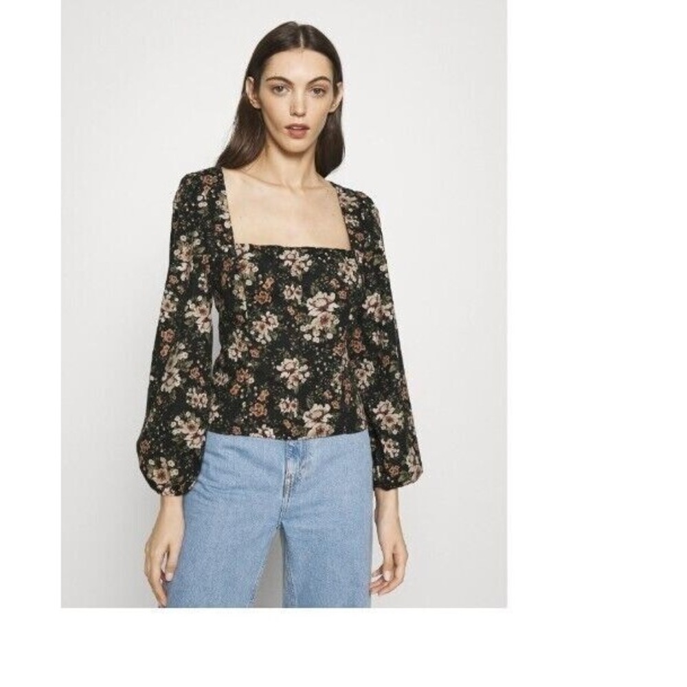 Abercrombie & Fitch Floral Square Neck Balloon Sleeve Top Black Pink Small